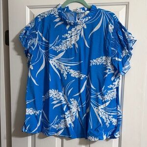 Lovely Melody Blue and White Floral Print Ruffle Sleeve Blouse Size Large
